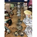 Group of silver plated wares to include tea set, coffee pot and pair of spill vases