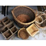 Selection various sized wicker baskets including log basket and wooden trug