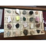 Group of minerals and semi precious stone specimens mounted on card