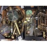 Pair brass and glass lanterns, fire implements, plated ware, other metal and walking sticks