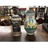 18th/19th century German painted flagon and a Mettlach stein