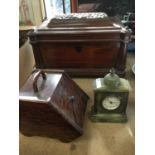 Late Victorian carved mahogany casket, Edwardian oak box in the form of a coal scuttle, and a Victor