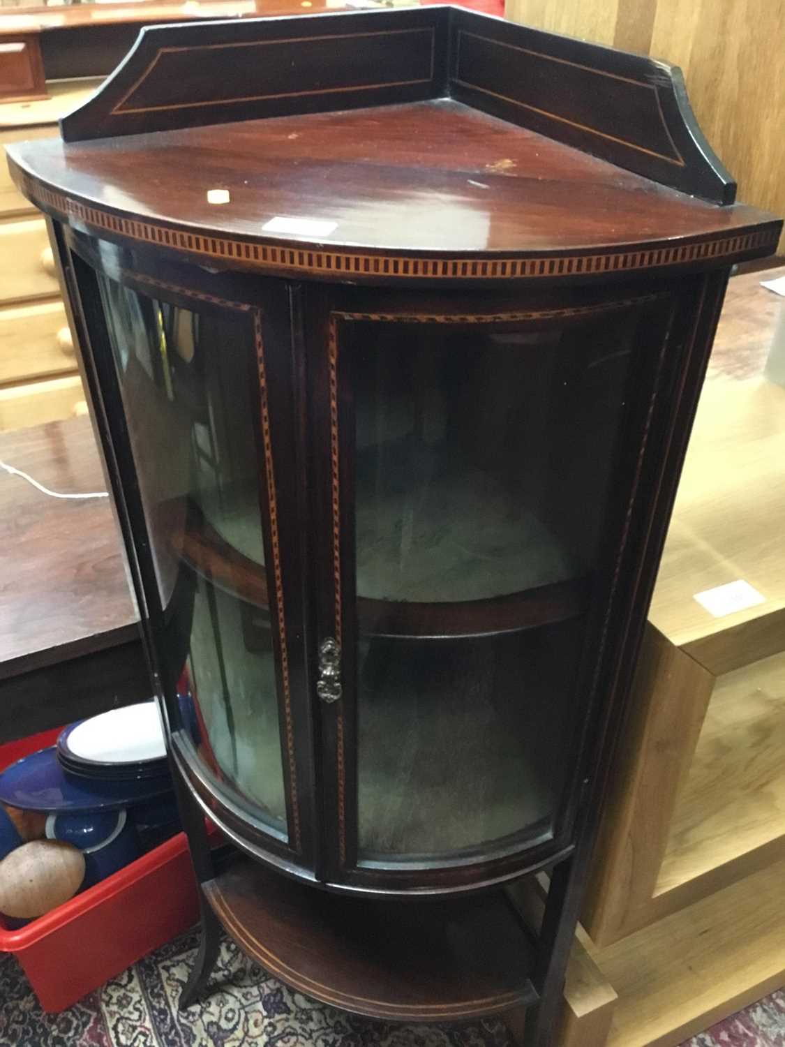 Edwardian inlaid mahogany corner cabinet with undertier and splayed legs