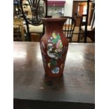Chinese Yixing pottery vase, hexagonal form, with enamel bird, flower and calligraphy decoration