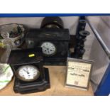 Victorian mantel clock in black slate and malachite case, one other Victorian timepiece together wit