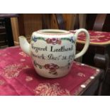 Late 18th century creamware teapot, 'Margaret Leathhead, Hawick December 31. 1790'