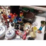 Collection of Murano glass clowns and other coloured glassware