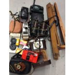 Vintage cameras, binoculars, old oak tripod and accessories