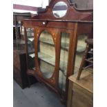 Attractive Edwardian inlaid mahogany and floral painted display cabinet with mirror to ledge back on