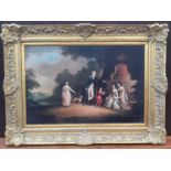 18th century-style print on canvas - classical parkland with family group, in decorative gilt frame,