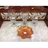 Three Victorian celery vases and carnival glass bowl