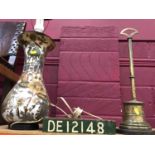 Victorian decoupage lamp, brass doorstop and a print block