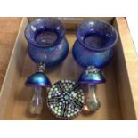 Pair purple iridescent vases, two similar glass mushroom ornaments with plated frog and fairy mounts