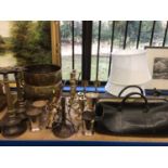 Collection of brass ware, Gladstone bag, and three lamp shades