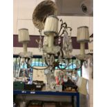 Five beach brass chandelier with glass prism drops and shades