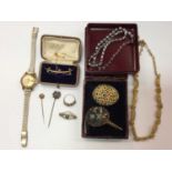 Victorian 10k gold seed pearl star and crescent moon brooch, two Victorian stick pins and vintage co