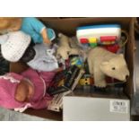 Box of assorted dolls and toys