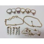 Six silver and silver gilt dress rings, two silver gilt bracelets, silver gilt chain and five silver