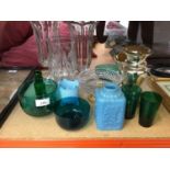 Three glass celery vases, Bristol green glass and other glass