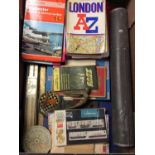 Group nautical maps, rulers, car badge and mascot, road maps and stamps