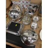 Mixed group of silver plate to include a meat cover, egg cruet and other items