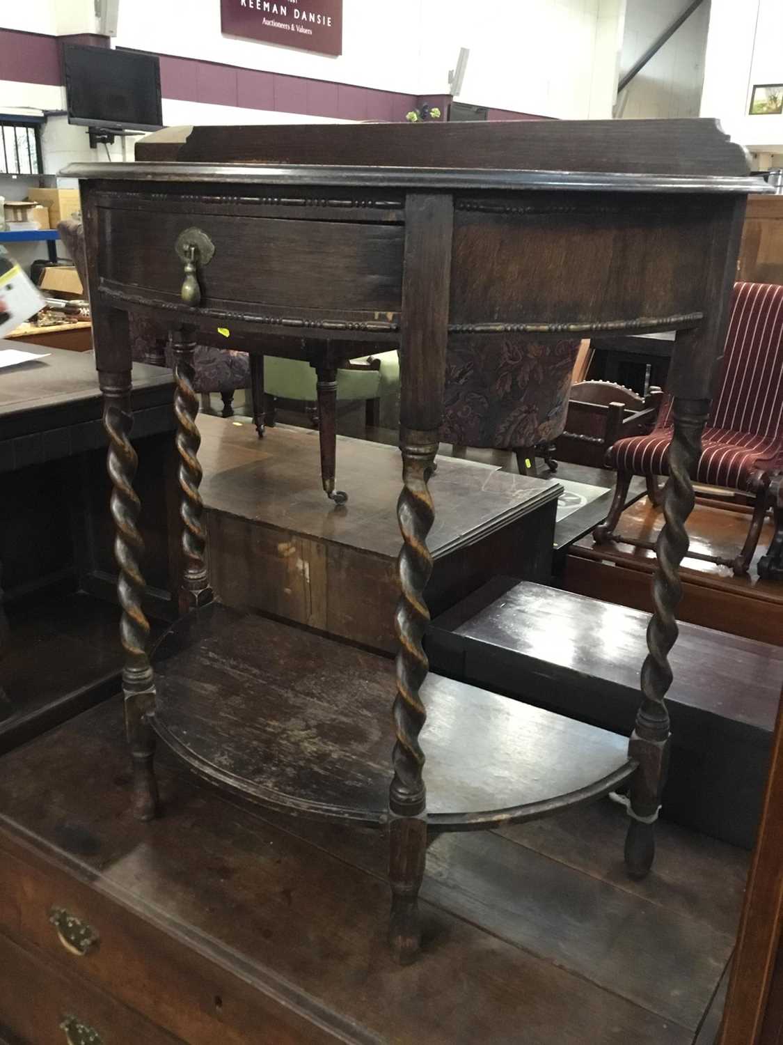 1920s oak Demi lune hall table with drawer,undertier and spiral twist legs 76 cm