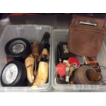 Old leather railway ticket collectors bag and sundries