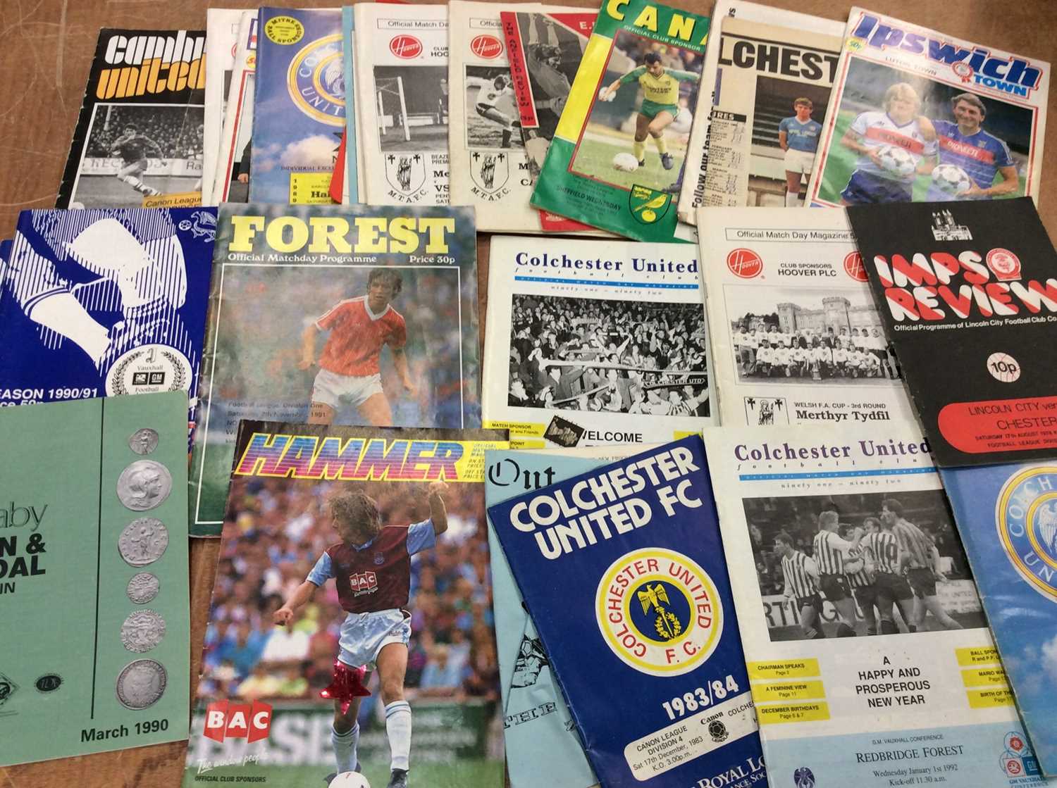 Selection 1970s - 90s football programmes including Colchester United, Ipswich Town and others