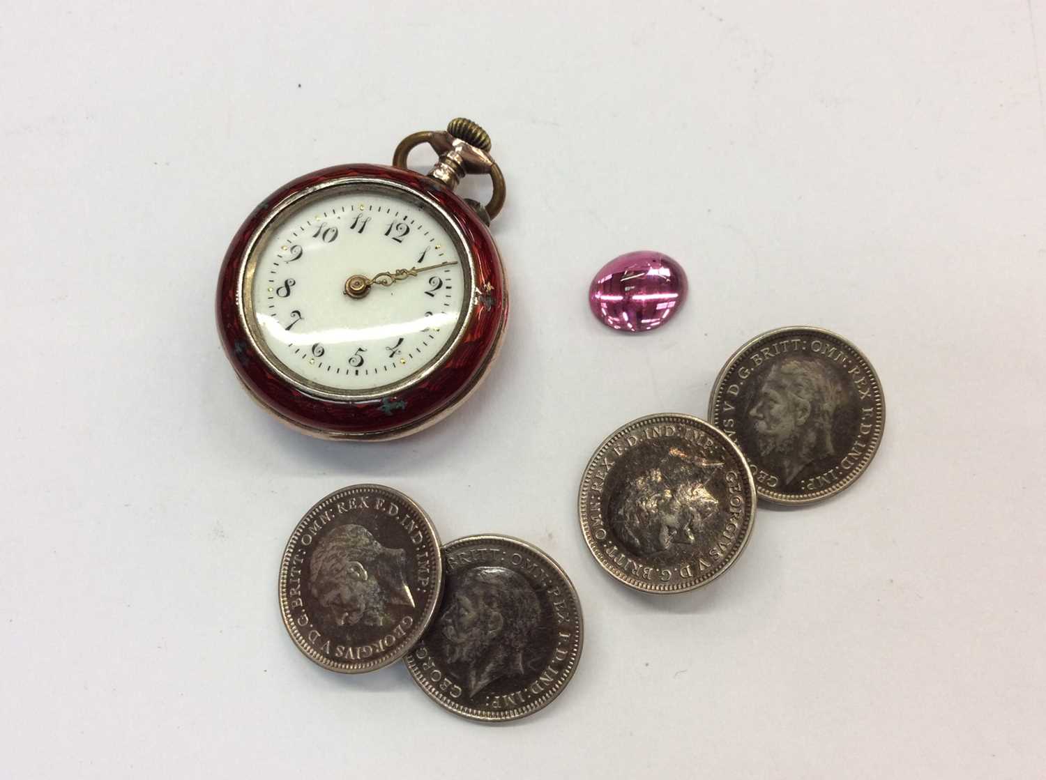 Group various trinket pots, pair lorgnettes, vintage fold up spectacles, enamelled fob watch, pair c - Image 4 of 6