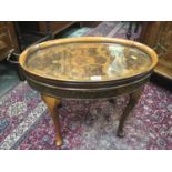 Good quality 1930s burr walnut oval glazed tray on table stand on cabriole legs