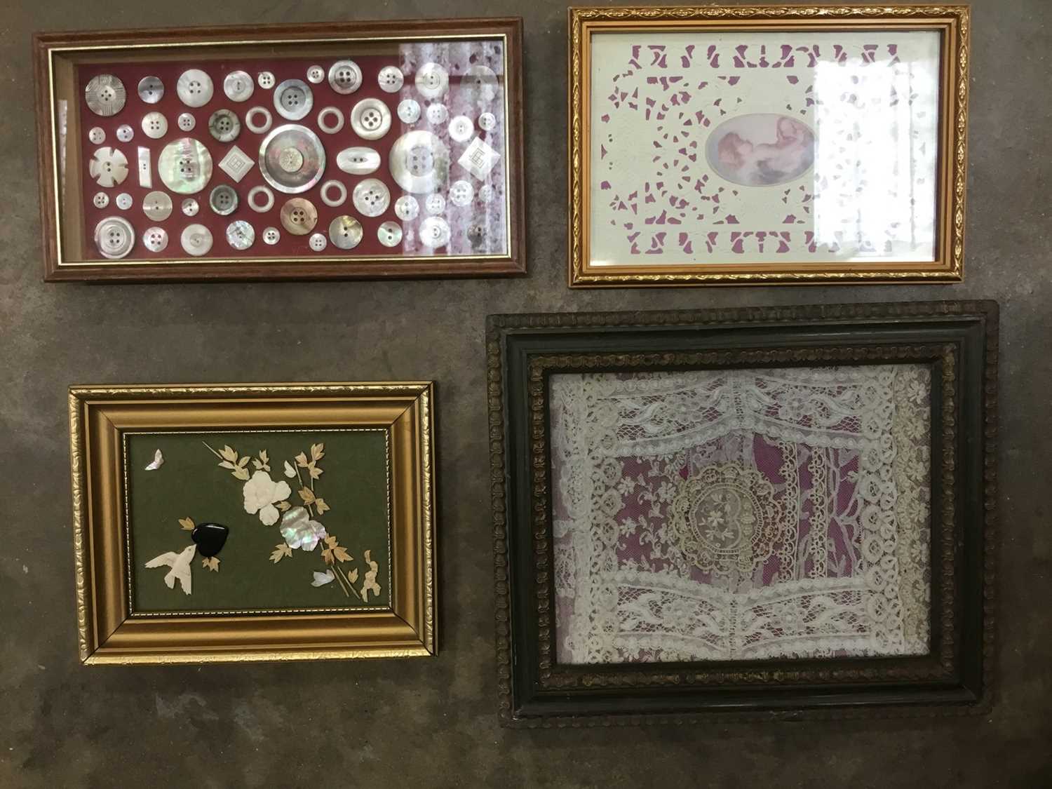 Group of framed buttons, framed lace, other framed items