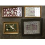 Group of framed buttons, framed lace, other framed items