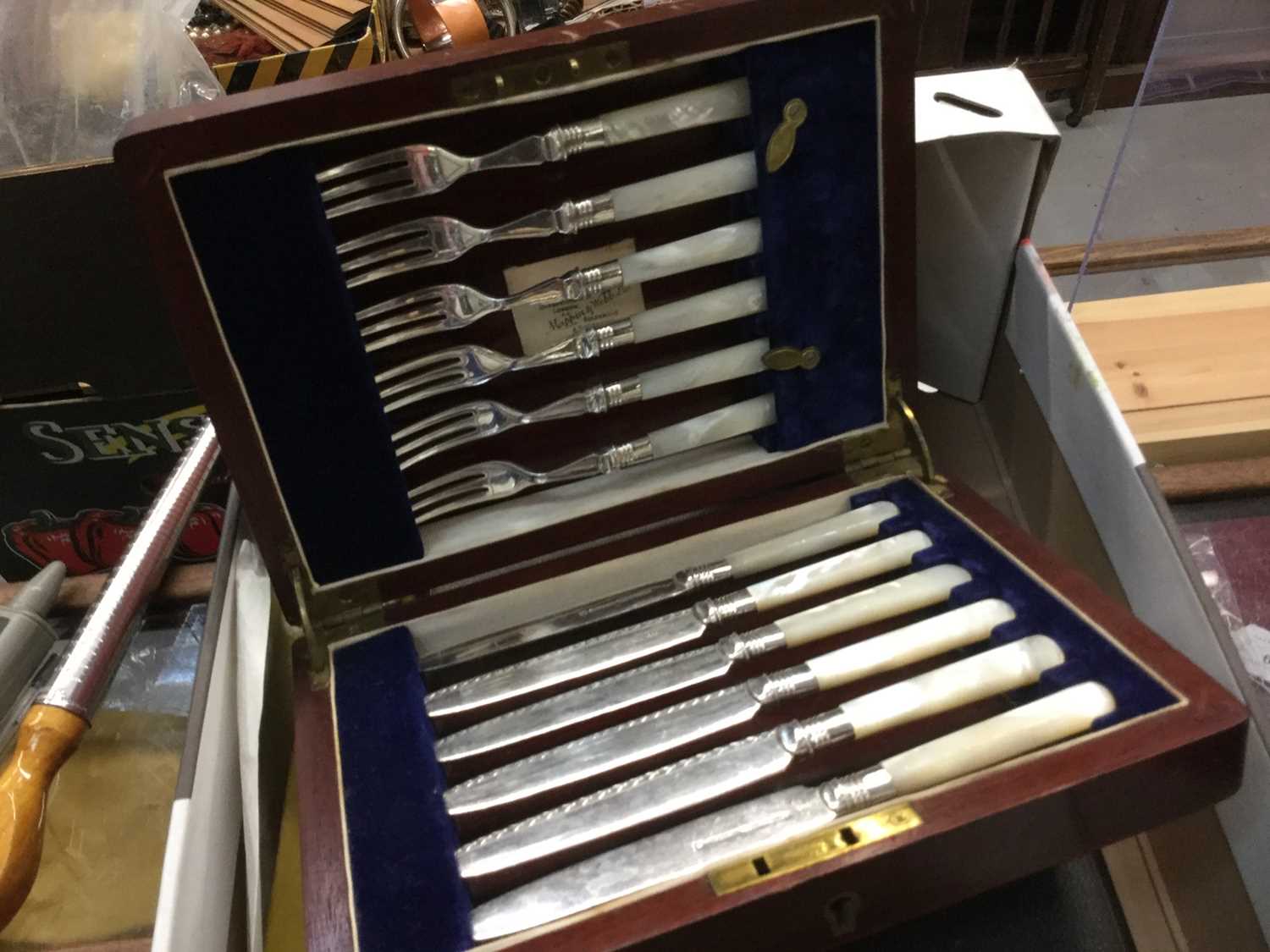 Cased set of silver handled knives, cased Mappin and Webb silver-plated and mother of pearl knives a - Image 2 of 2