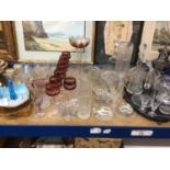 Quantity of glassware, including Bohemian overlaid hock glasses, decanters, etc