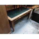 Pine desk with lined top and two drawers below, 137cm wide, 78cm deep, 72cm high