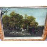 Pair of Regency style reverse prints on glass, together with an oil on canvas landscape
