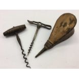 Two antique corkscrews, together with a leather and brass mounted wig powder puff