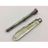 Victorian white metal propelling pen/pencil with bloodstone seal together with a silver and mother o