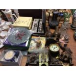 Parts of spelter mantle clock and garnitures, boxed cutlery, collectors plates and sundries