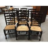 Set of nine antique -style ladder back chairs with rush seats