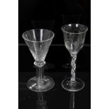 Georgian-style opaque twist stem wine glass with etched foliate decoration to the bowl, and a furthe