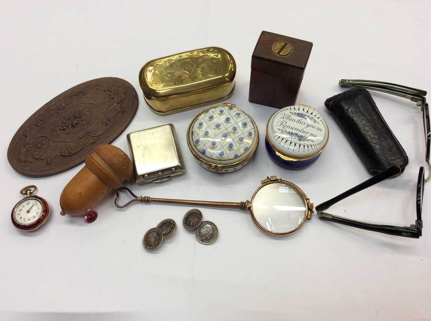 Group various trinket pots, pair lorgnettes, vintage fold up spectacles, enamelled fob watch, pair c