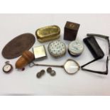 Group various trinket pots, pair lorgnettes, vintage fold up spectacles, enamelled fob watch, pair c