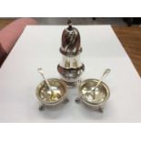 Silver sugar caster, pair silver salts with salt spoons