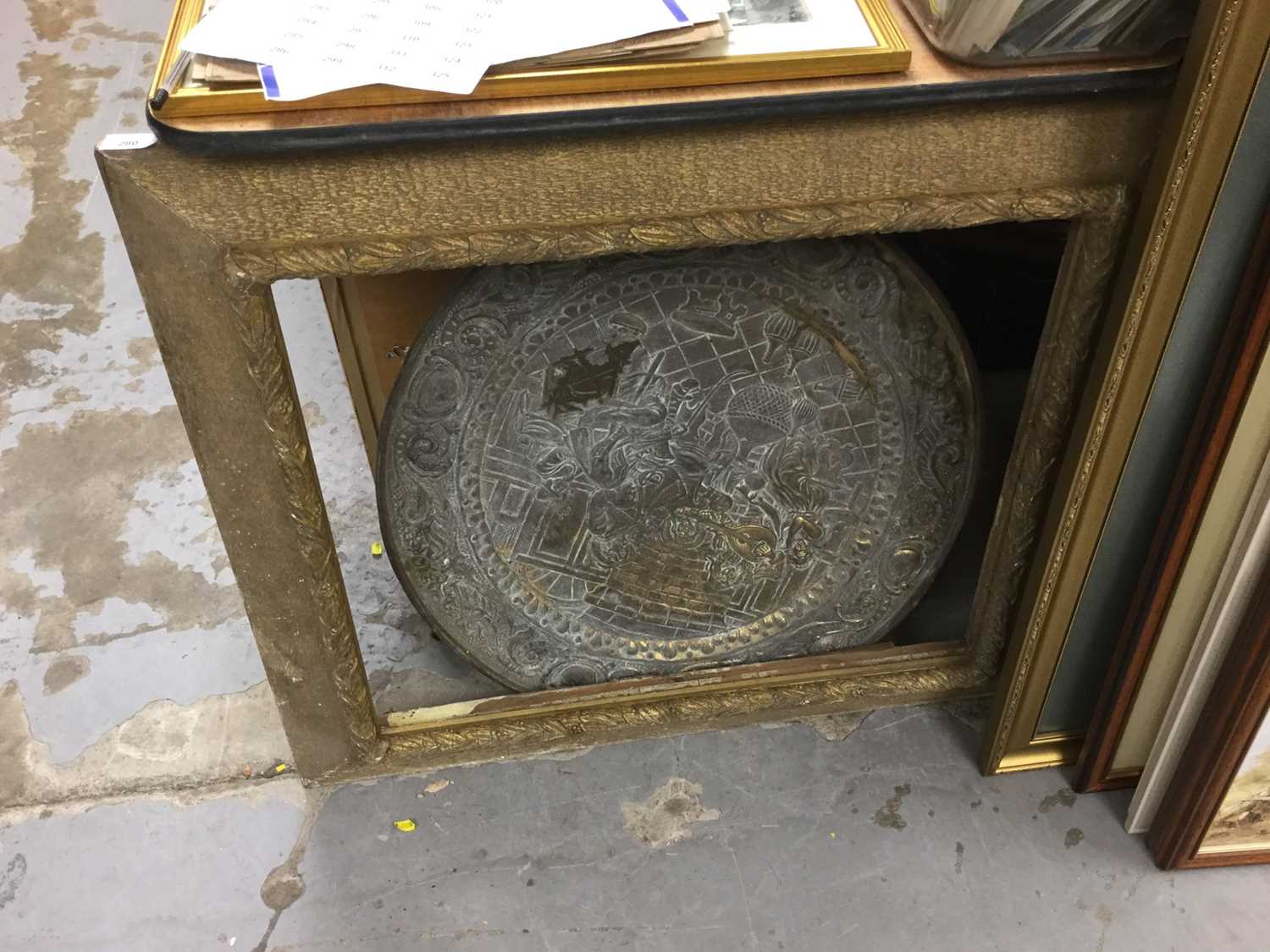 Edwardian gilt picture frame and embossed brass plaque