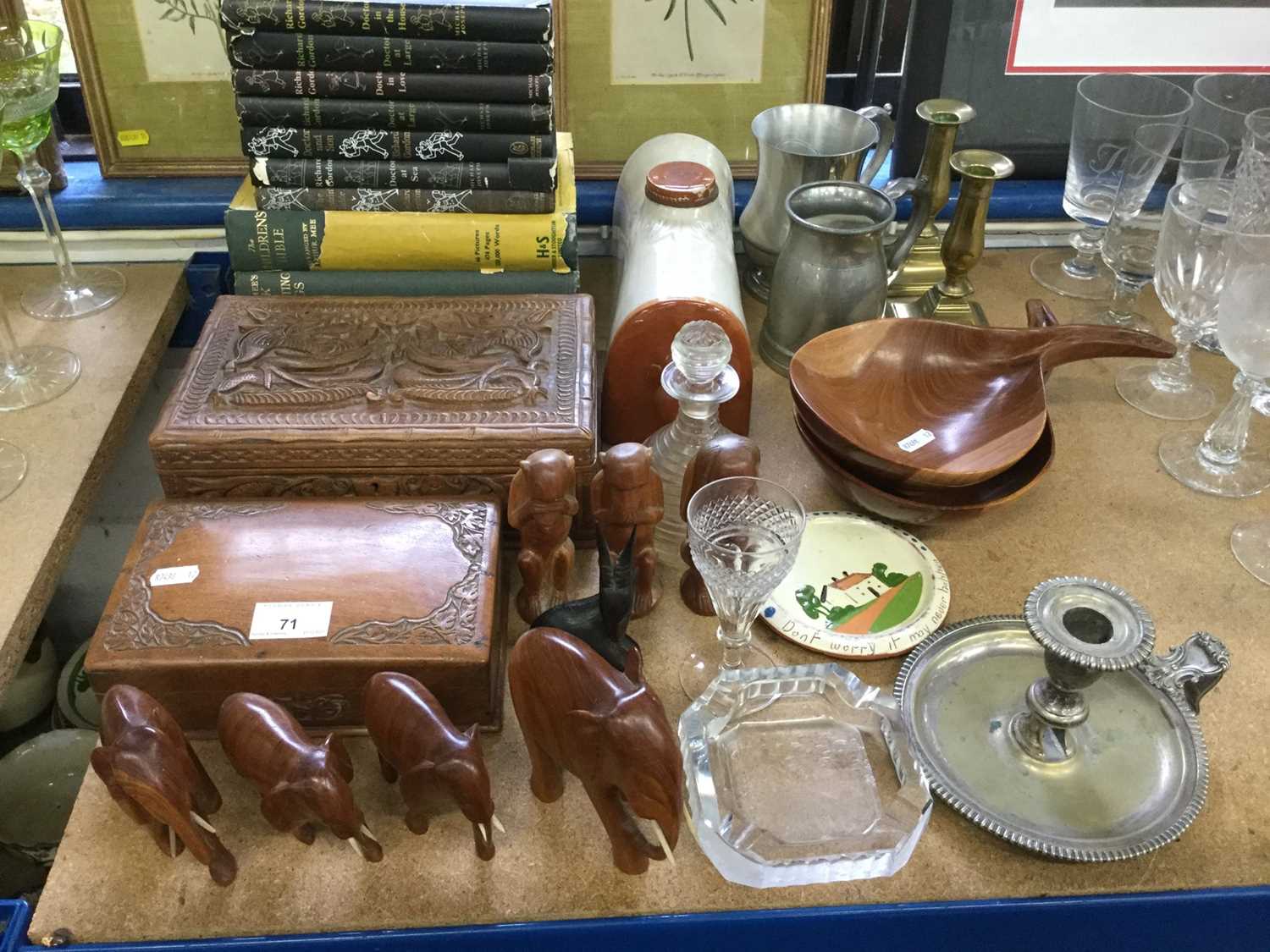 Mixed group of items to include African carved animals and boxes, Richard Gordon Doctor books, glass