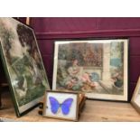 Coloured prints "Making Friends" and "The Sunny South" plus other pictures and mounted butterfly