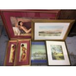 Group pictures and prints including landscape scenes, three nude studies and pub adversing mirror