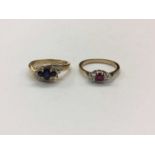 9ct gold diamond and sapphire crossover ring and 9ct gold ruby and diamond ring