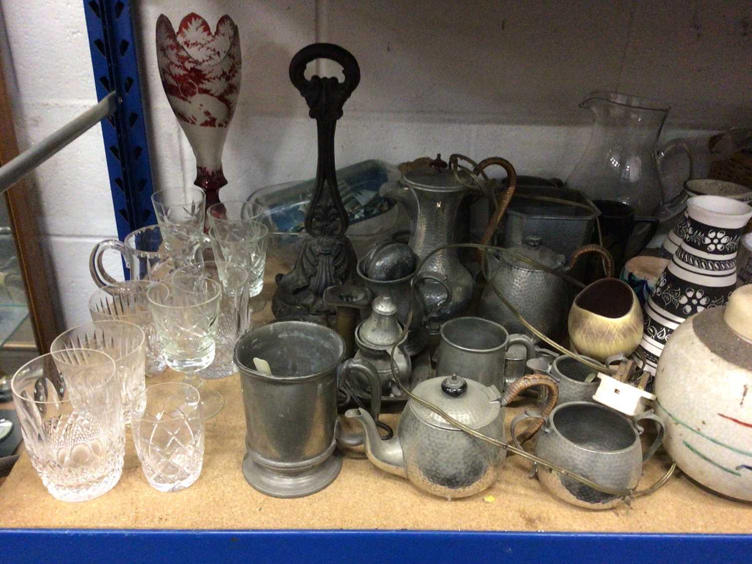 Sundry items, including glassware, pewter, ceramics, flatware, etc (one shelf)